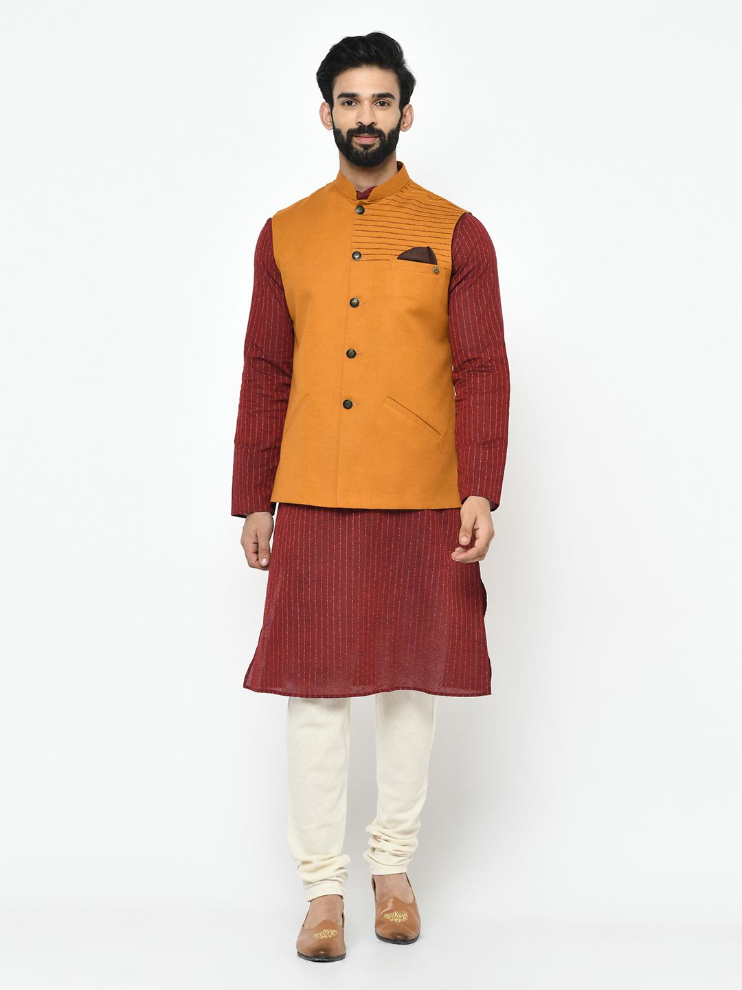 Stylish Mustard & Maroon Kurta Pyjama Set