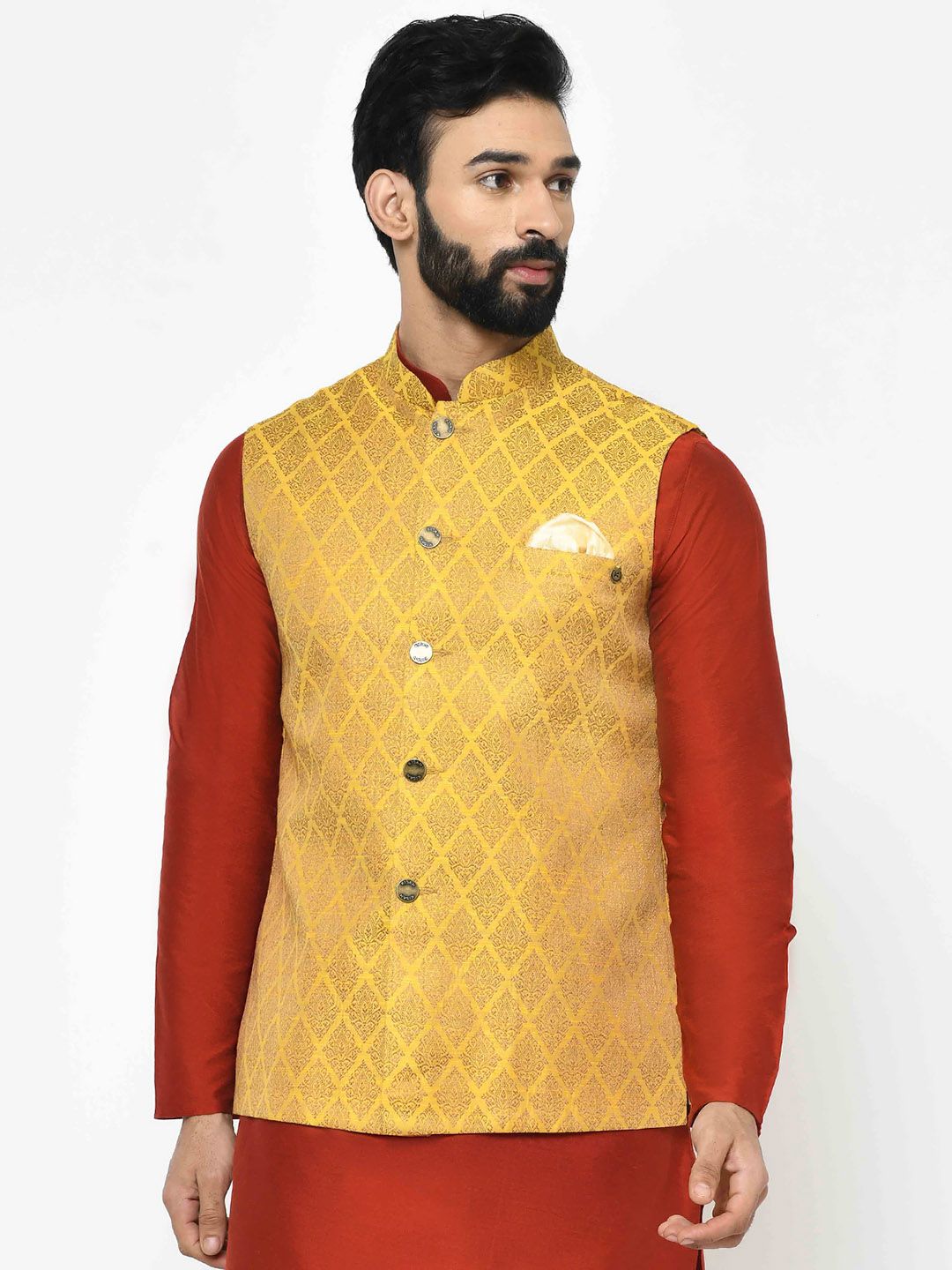 Yellow kurta with online nehru jacket