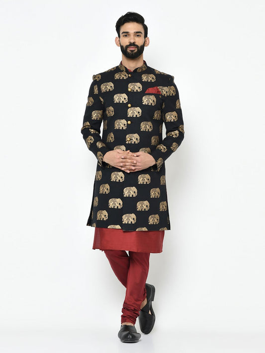 Bright Black & Red Sherwani