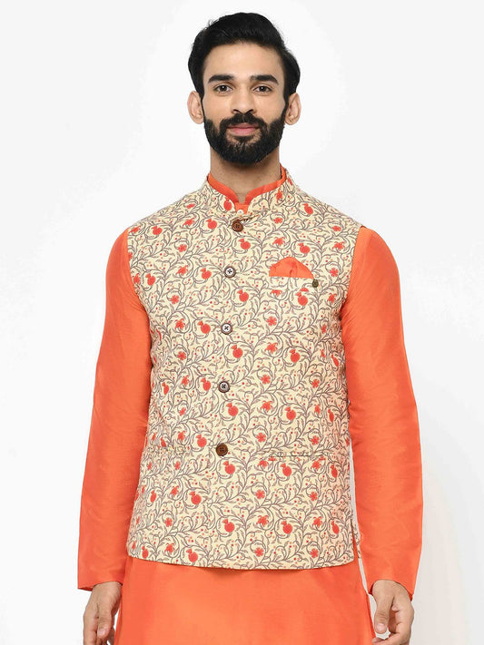 Bright Floral Cream & Orange Nehru Jacket