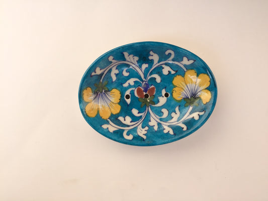 Blue Pottery Leaf Design Soap Dish