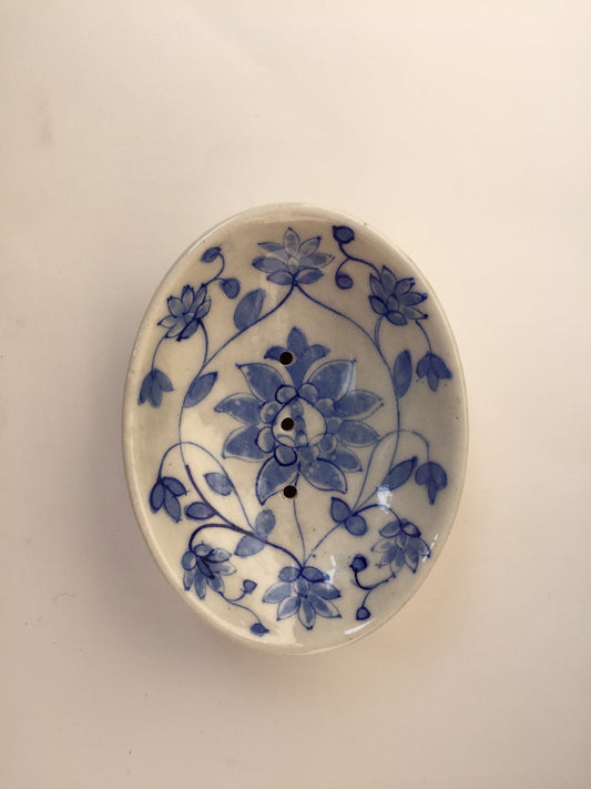 Blue Pottery Leaf Design Soap Dish