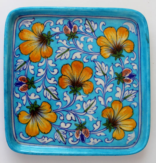 Blue Pottery Floral Design Serving Tray
