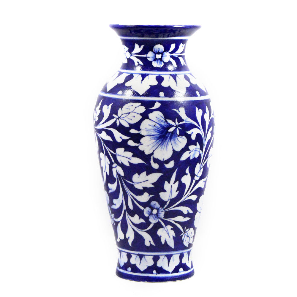 Blue Pottery Floral Design Pot 20x10 Blue