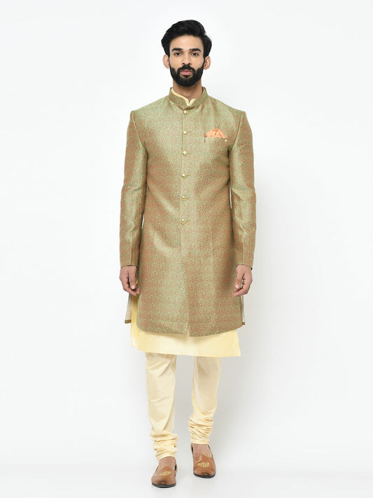 Bright Green & Beige Sherwani