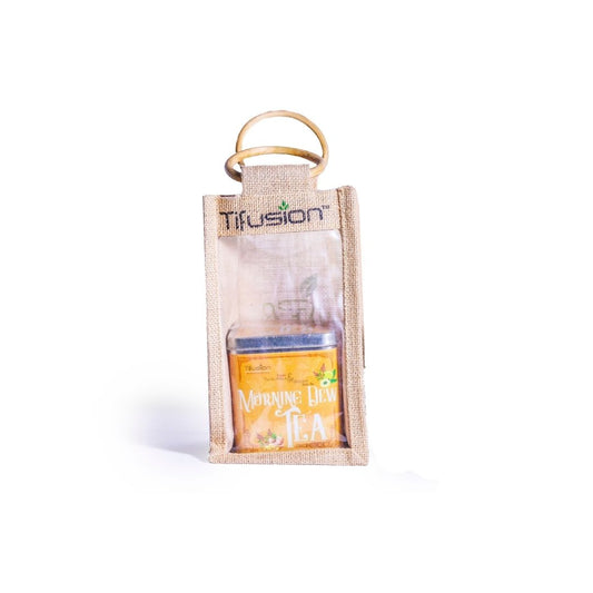 Eco Friendly Jute Bag With 100gms Square Tin Caddy