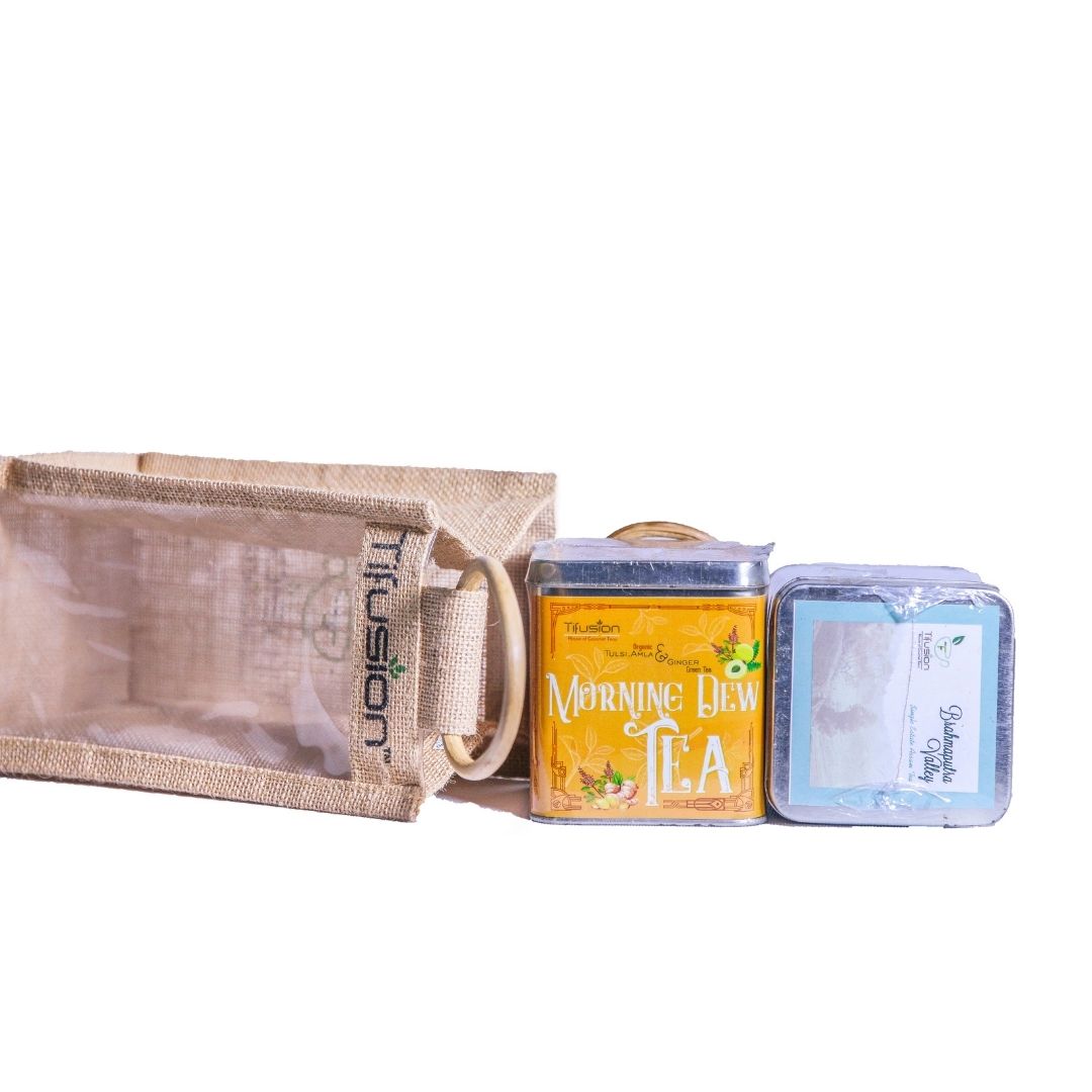 Eco Friendly Jute Bag With 2*100gms Square Tin Caddy