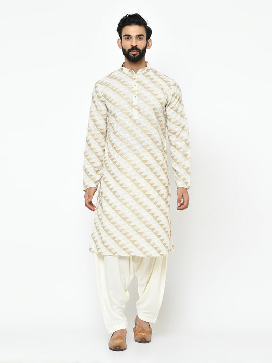 Off White Striped  Kurta Pyjama Set