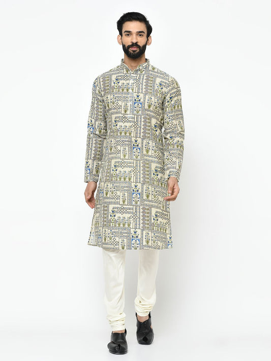 Off White & Multi Coloured Kurta Pyjama Set