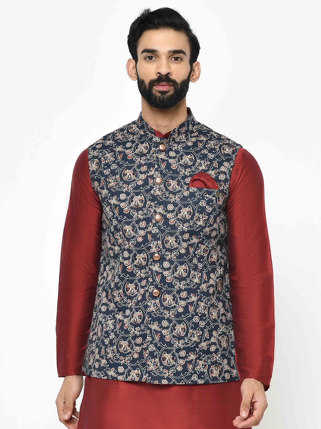 Floral Navy Blue Nehru Jacket