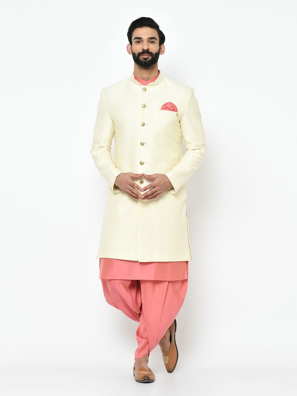 Bright White & Pink Sherwani