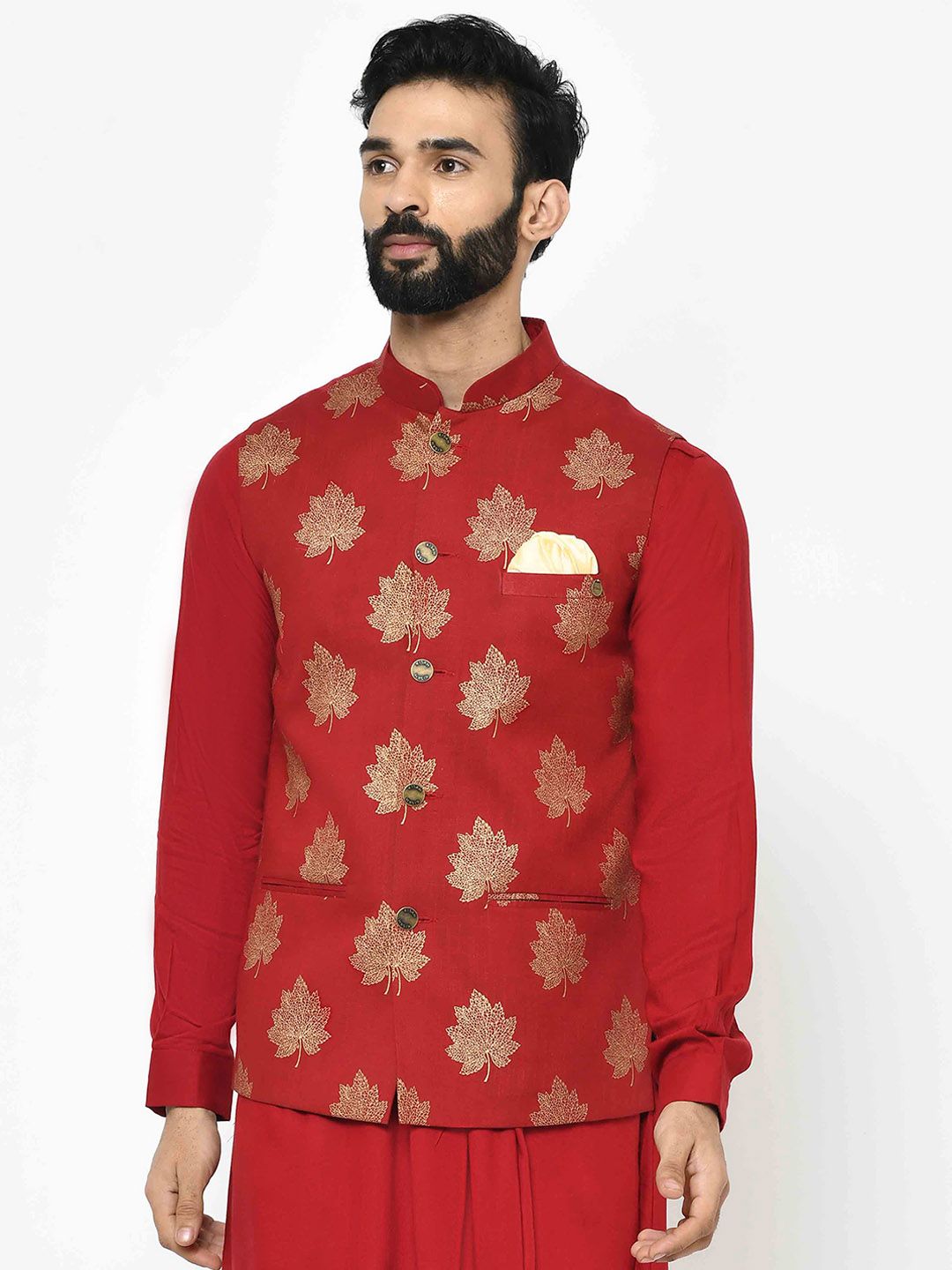 Bright Red Leaf Nehru Jacket