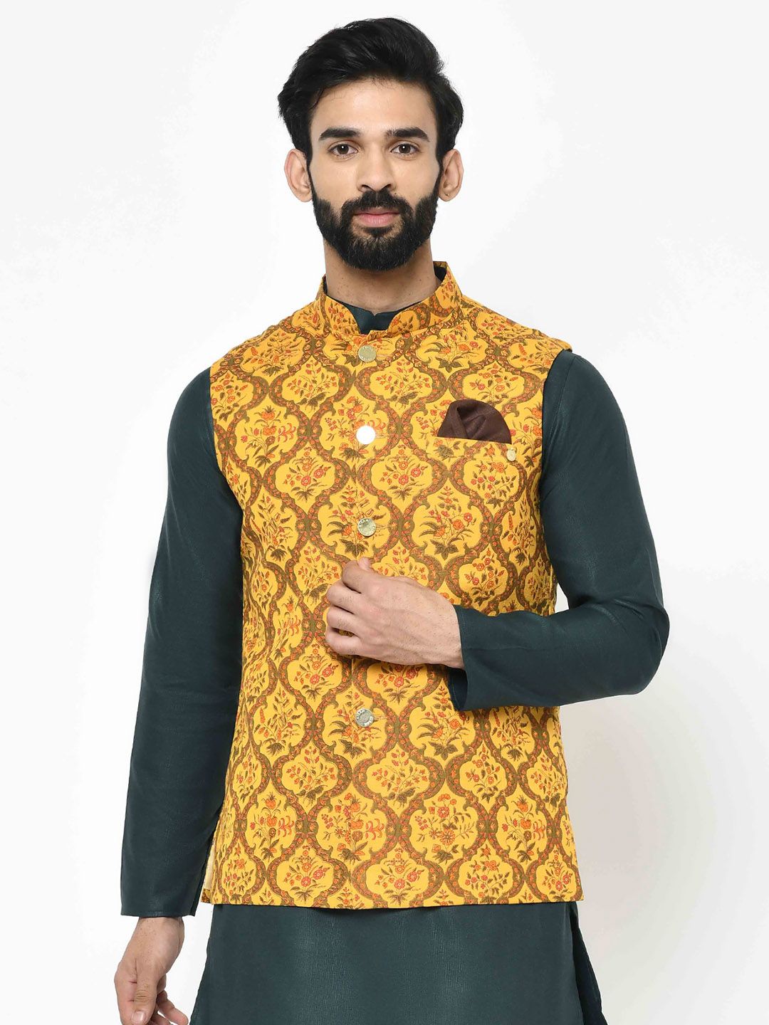 Bright Floral Yellow Nehru Jacket